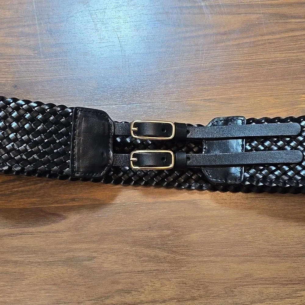 Talbots Black Braided Belt with Gold Buckles